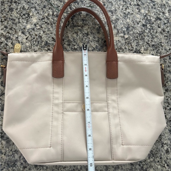 Harrods Beige Tote with Brown Leather Handles and Gold Button - Picture 5 of 8